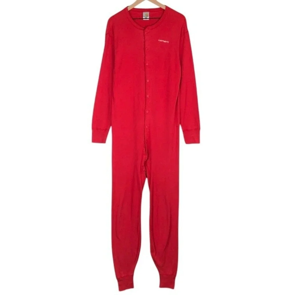 VTG CARHARTT K12 Cotton‎ Union Suit Men's XL Red Long Sleeve One Piece Thermal